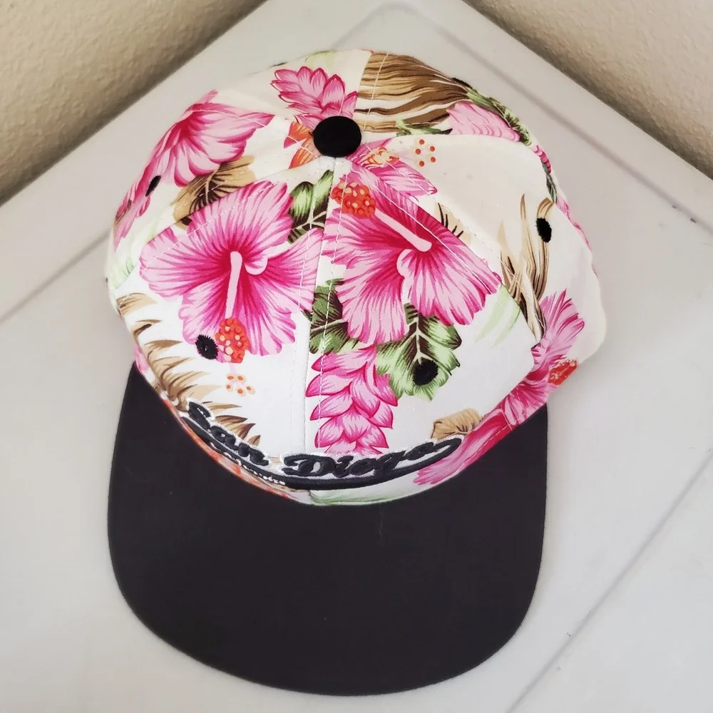 San Diego California Tropical Floral Snapback Hat Pink Hibiscus Flat Brim Cap